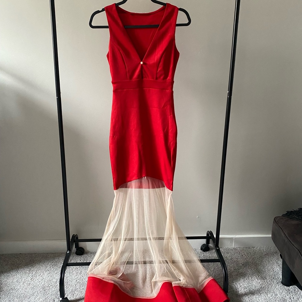 Red prom dress with mesh